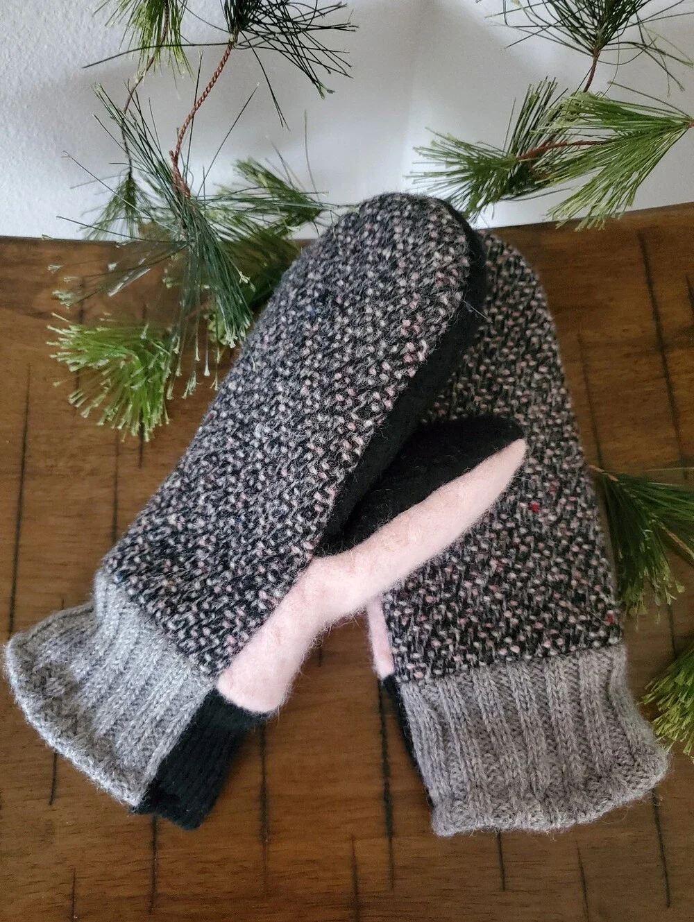 Upcycled Tweed Wool Mittens Flannel Lined Gray Pink Black Cozy Handmade